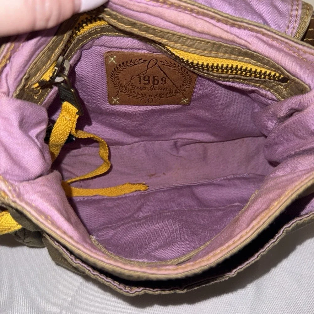 VTG GAP Jeans 1969 Hobo Buckle Shoulder Bag Brown Yellow Leather Canvas Purse